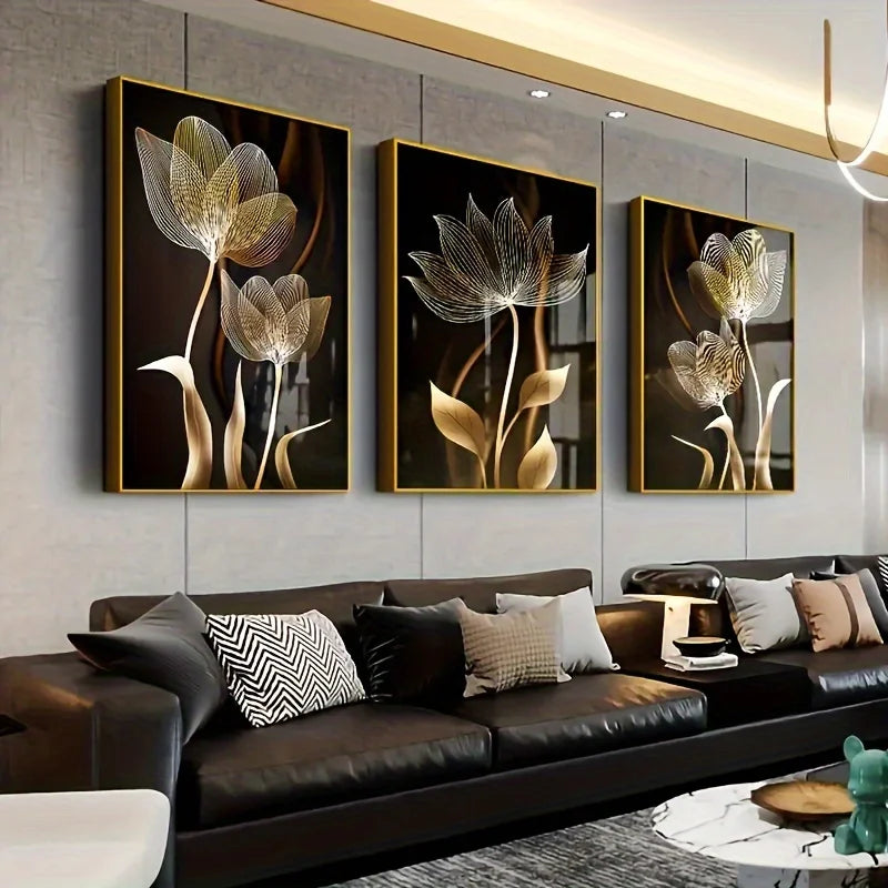 3pcs, Black and Golden Flower Wall Art Canvas Painting for Living Room Decor - Modern Abstract Design, No Frame Required 2DFlat