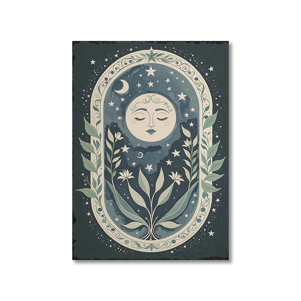 Sun, Moon & Floral Canvas Print – Bohemian Celestial Wall Art