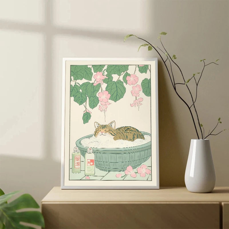 Japanese Tabby Cat in Bathtub Canvas Print – Japandi Bathroom Wall Art