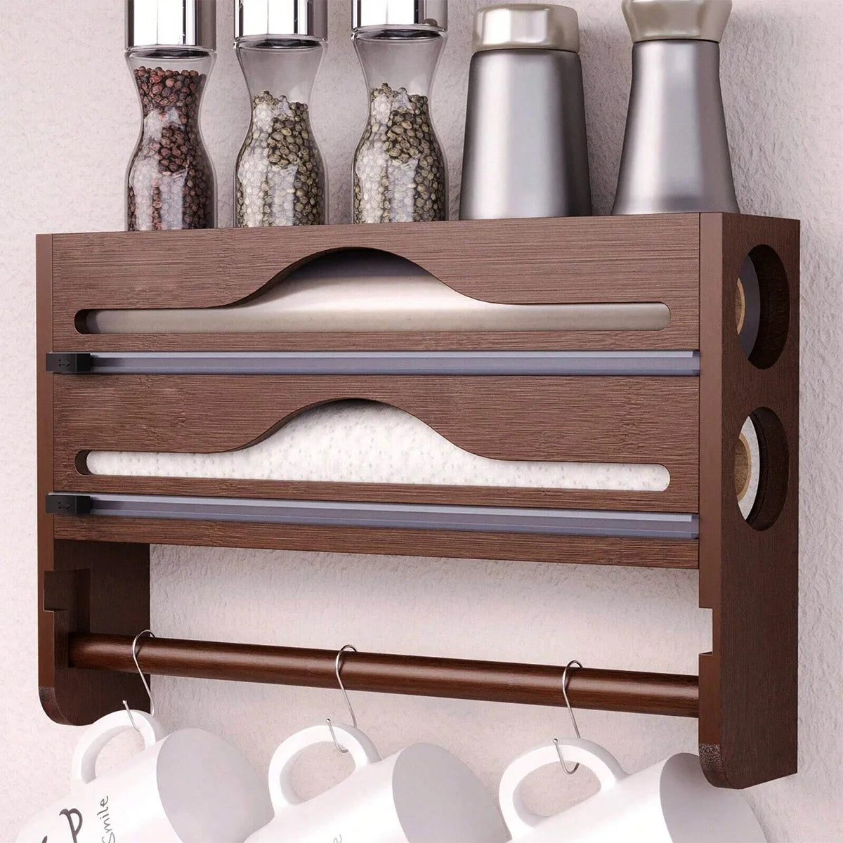 Bamboo Compartment Cling Film & Foil Cutter Box Organizer