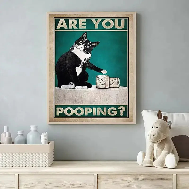 Funny Black Cat Toilet Poster – Retro Animal Canvas Wall Art
