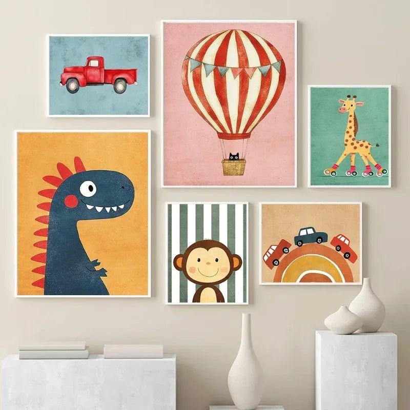 Tiger, Lion, Frog, Bear & Cat Balloon – Funny Animal Canvas Print for Kids Room