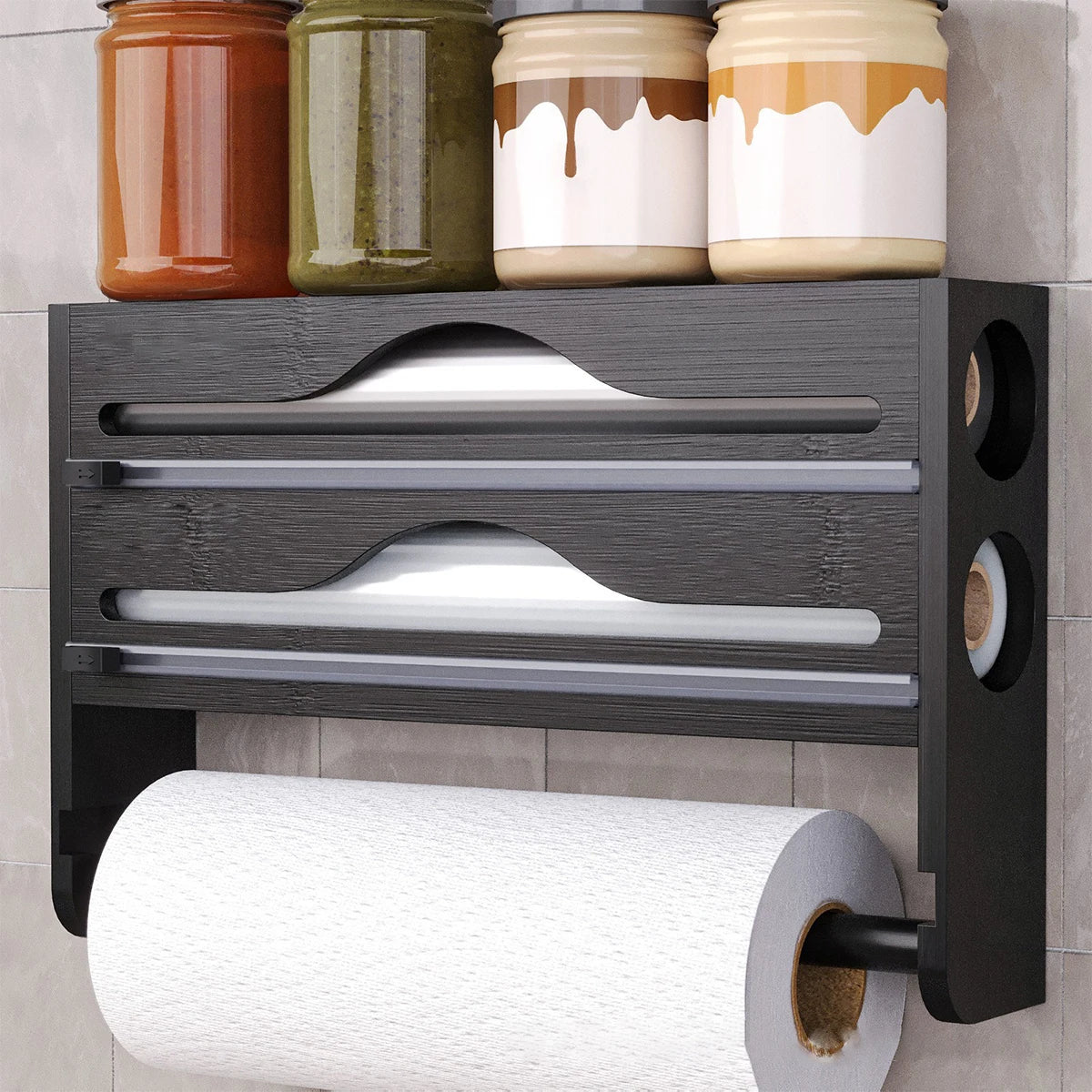 Bamboo Compartment Cling Film & Foil Cutter Box Organizer