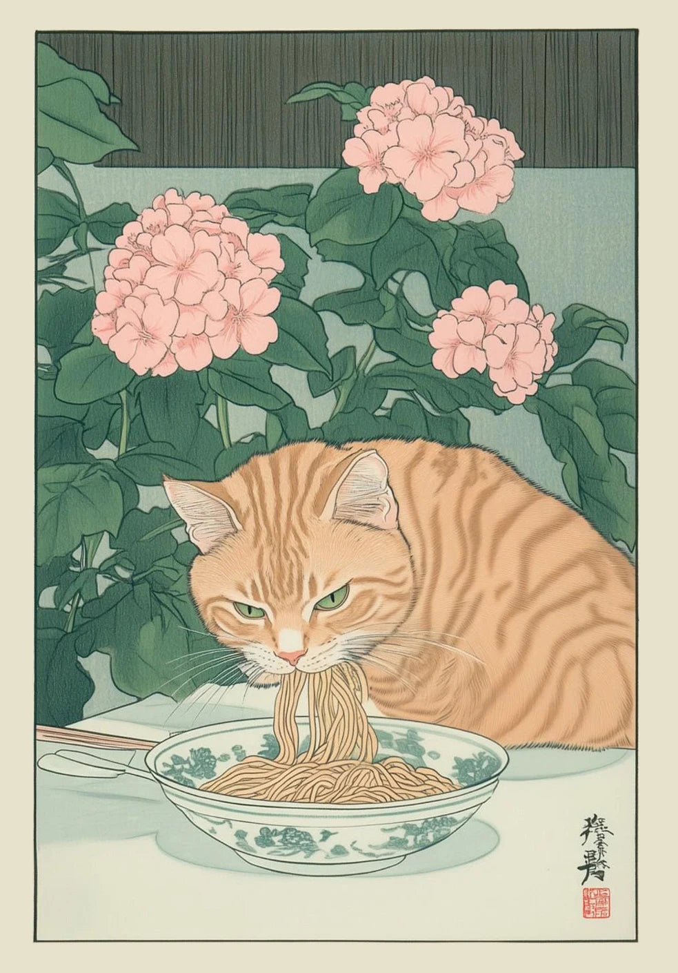 Japanese Tabby Cat in Bathtub Canvas Print – Japandi Bathroom Wall Art