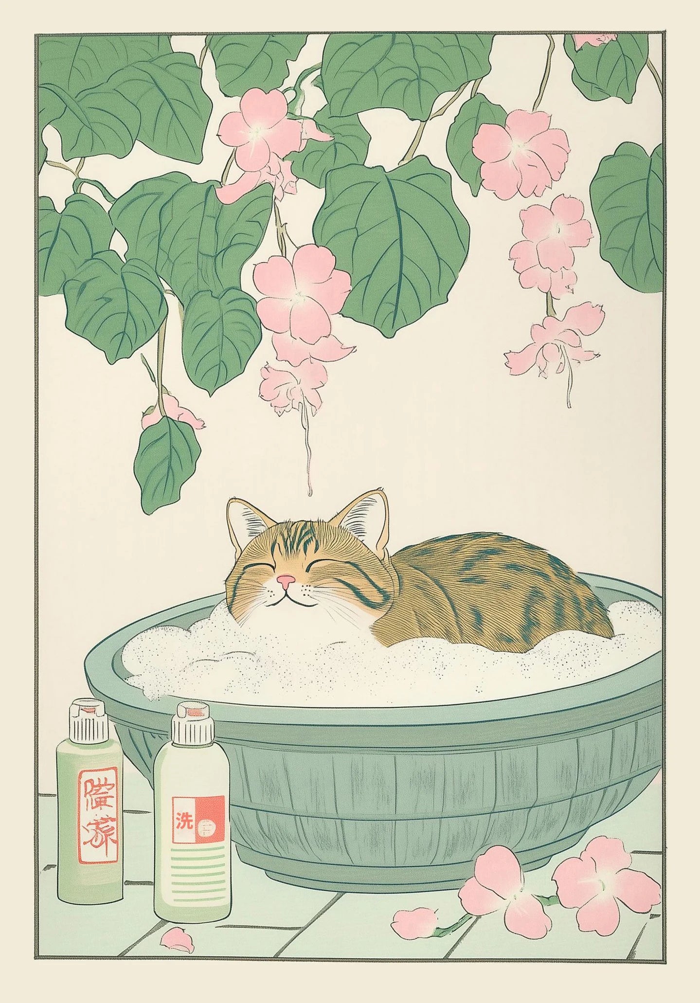 Japanese Tabby Cat in Bathtub Canvas Print – Japandi Bathroom Wall Art