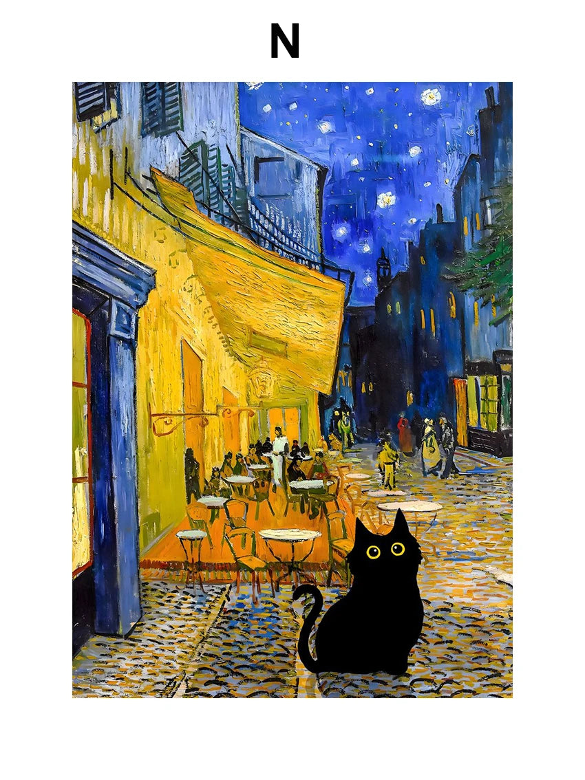 Funny Art Black Cat Canvas – Matisse, Monet, Van Gogh Parody Prints