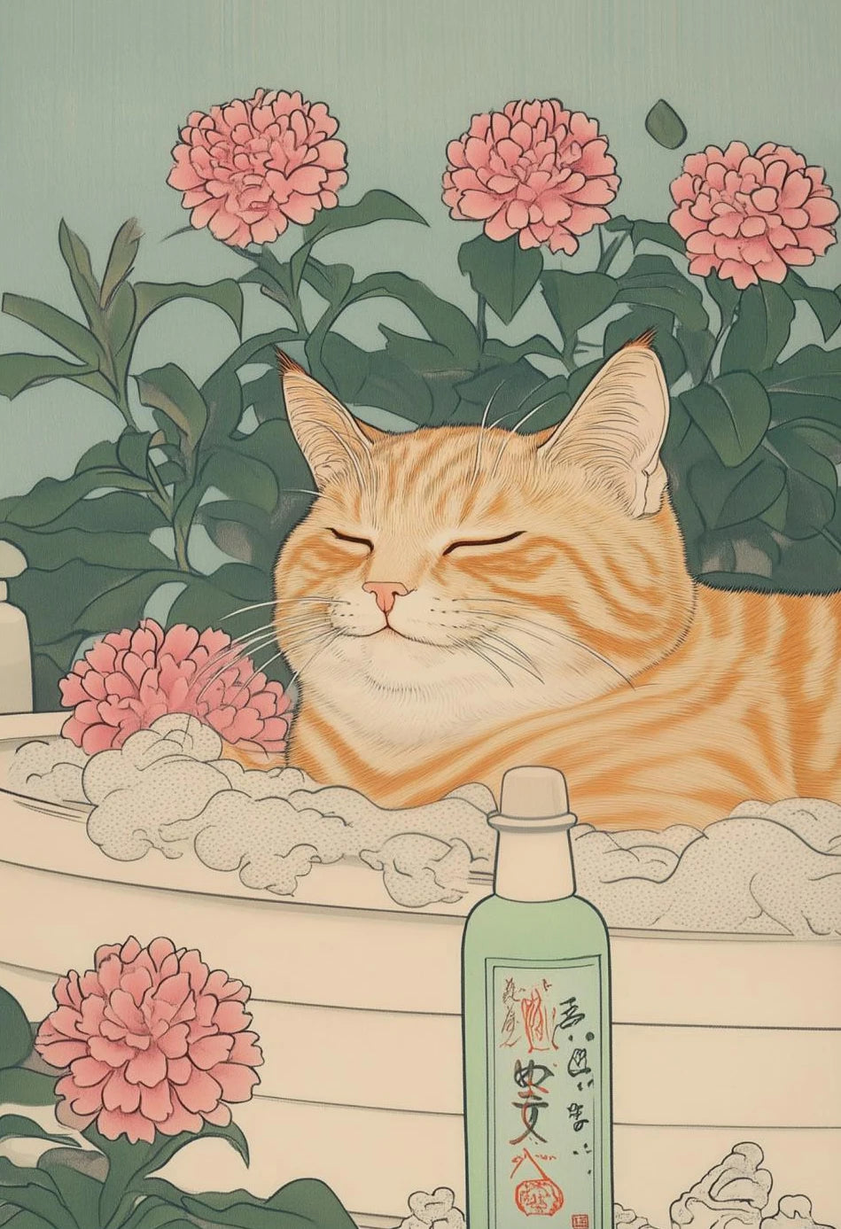 Japanese Tabby Cat in Bathtub Canvas Print – Japandi Bathroom Wall Art
