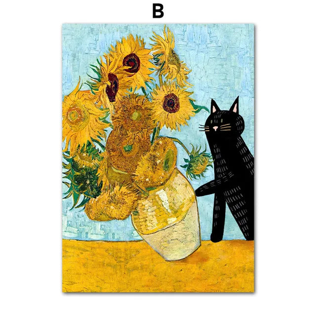 Funny Art Black Cat Canvas – Matisse, Monet, Van Gogh Parody Prints