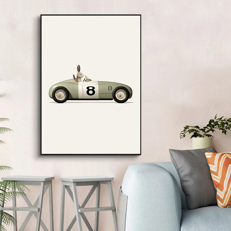 Funny Cartoon Animals Car Art Poster – Nursery Canvas Wall Print