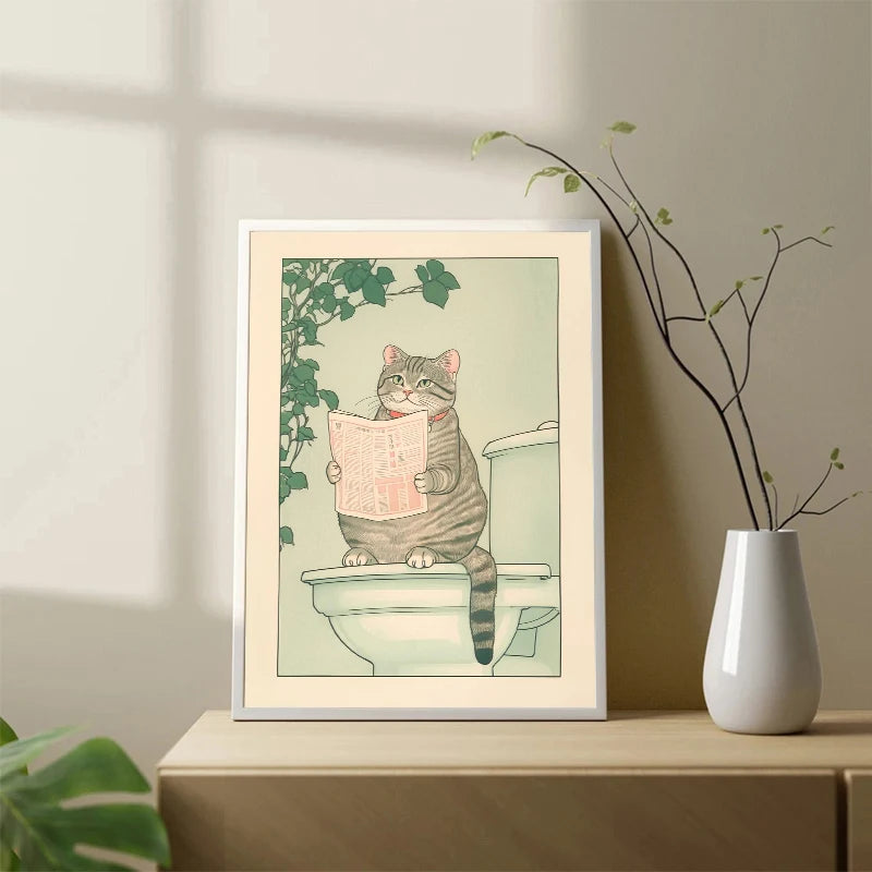 Japanese Tabby Cat in Bathtub Canvas Print – Japandi Bathroom Wall Art