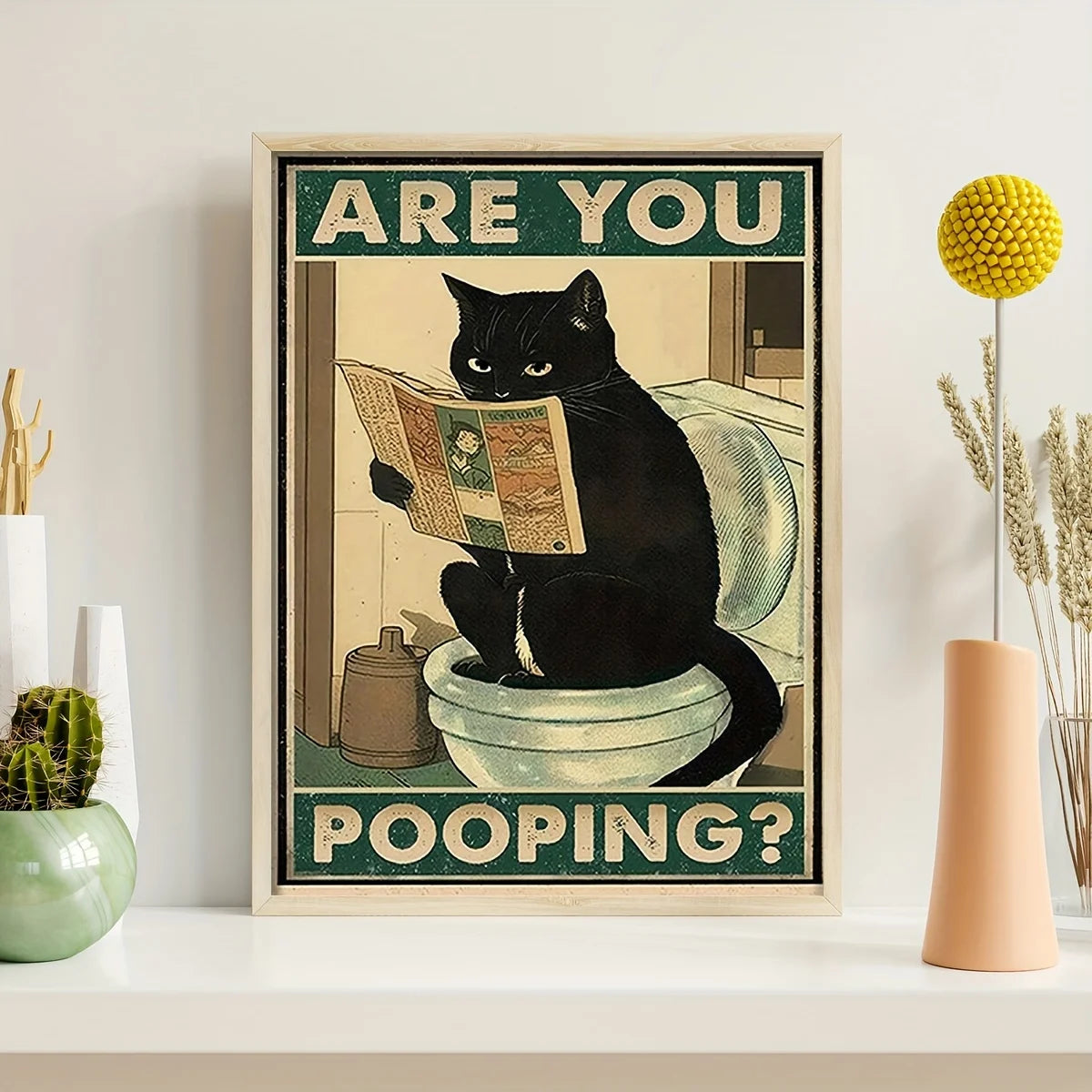 Funny Black Cat Toilet Poster – Retro Animal Canvas Wall Art
