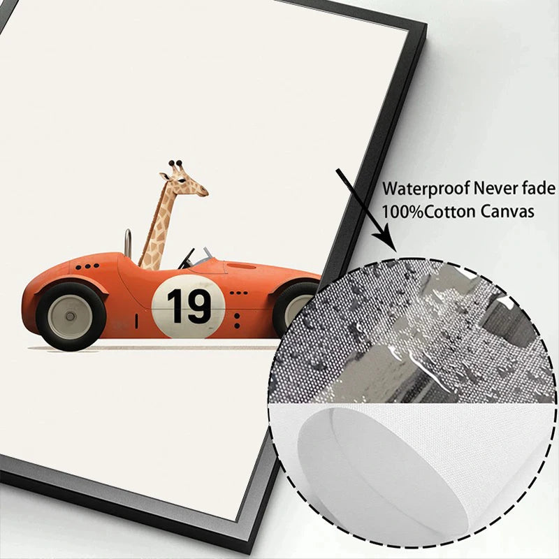 Funny Cartoon Animals Car Art Poster – Nursery Canvas Wall Print