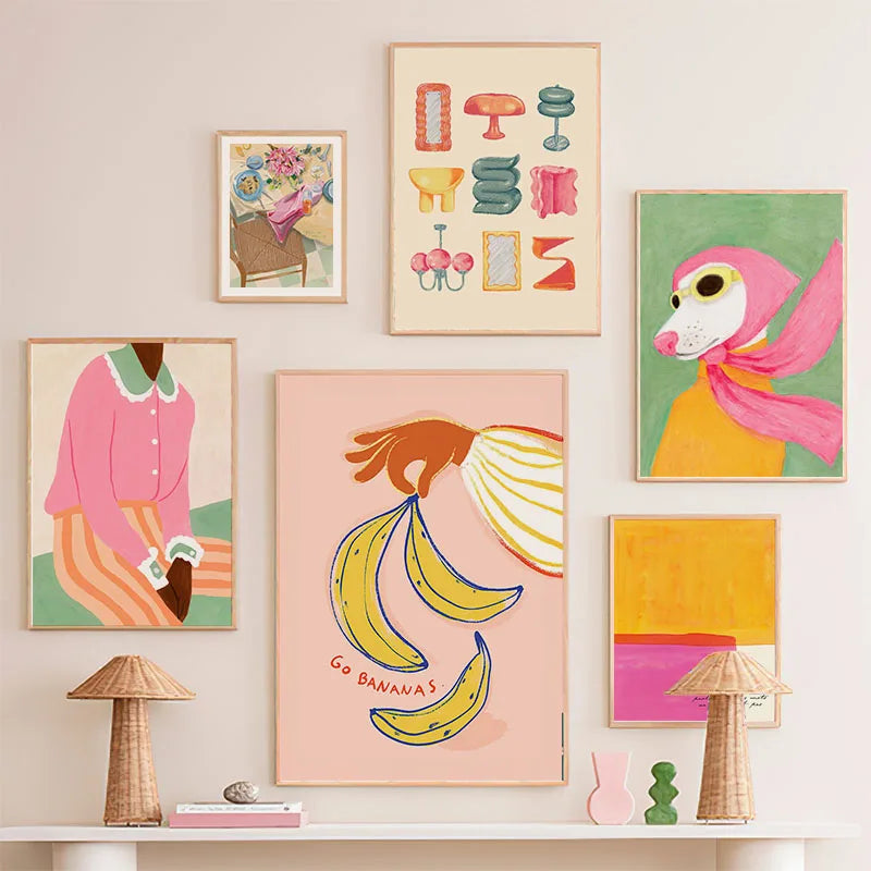 Fashion Girl Dog Vase Flower Banana Abstract Poster – Modern Canvas Wall Art