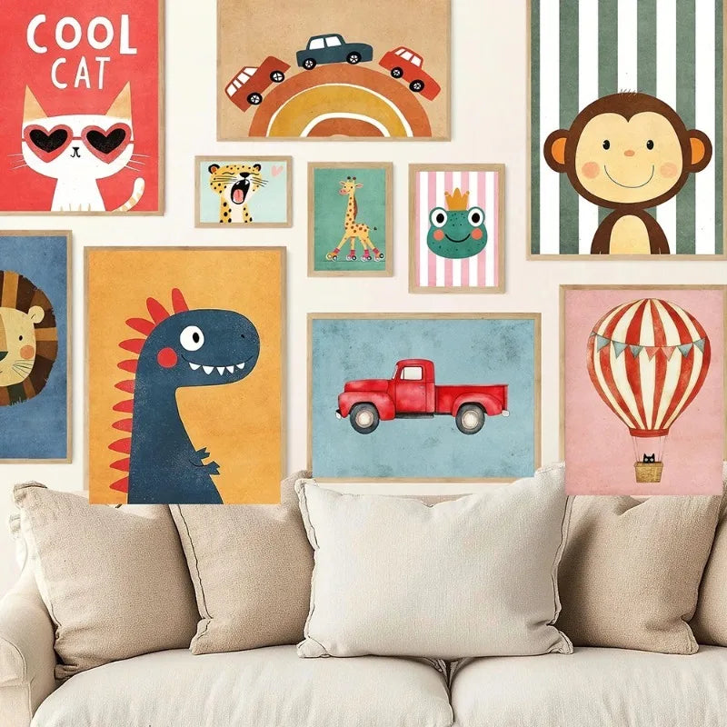 Tiger, Lion, Frog, Bear & Cat Balloon – Funny Animal Canvas Print for Kids Room