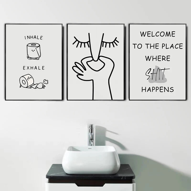 Funny Abstract Bathroom Poster – Black & White Canvas Wall Art