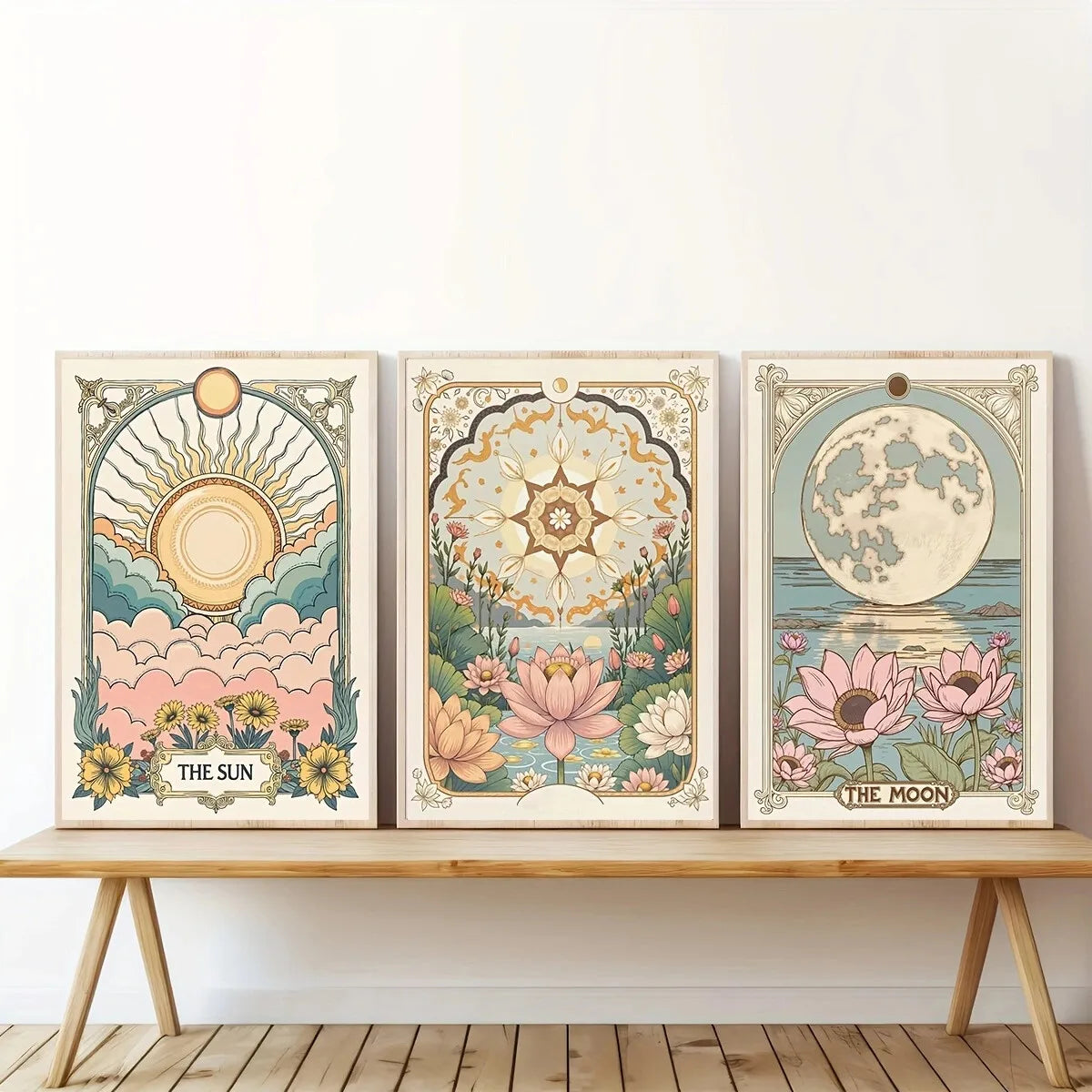 Sun, Moon & Floral Canvas Print – Bohemian Celestial Wall Art