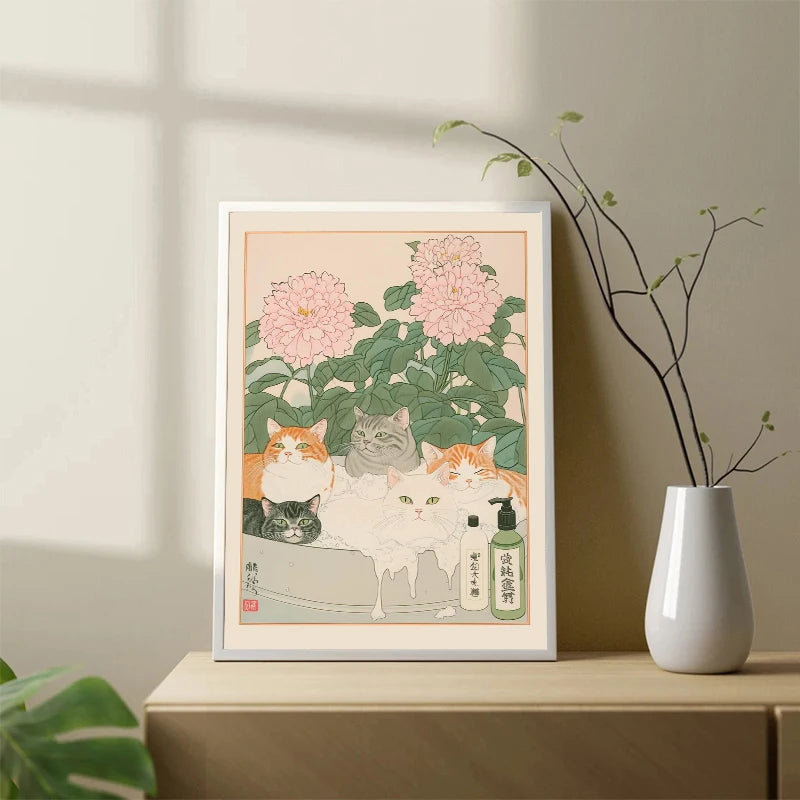 Japanese Tabby Cat in Bathtub Canvas Print – Japandi Bathroom Wall Art