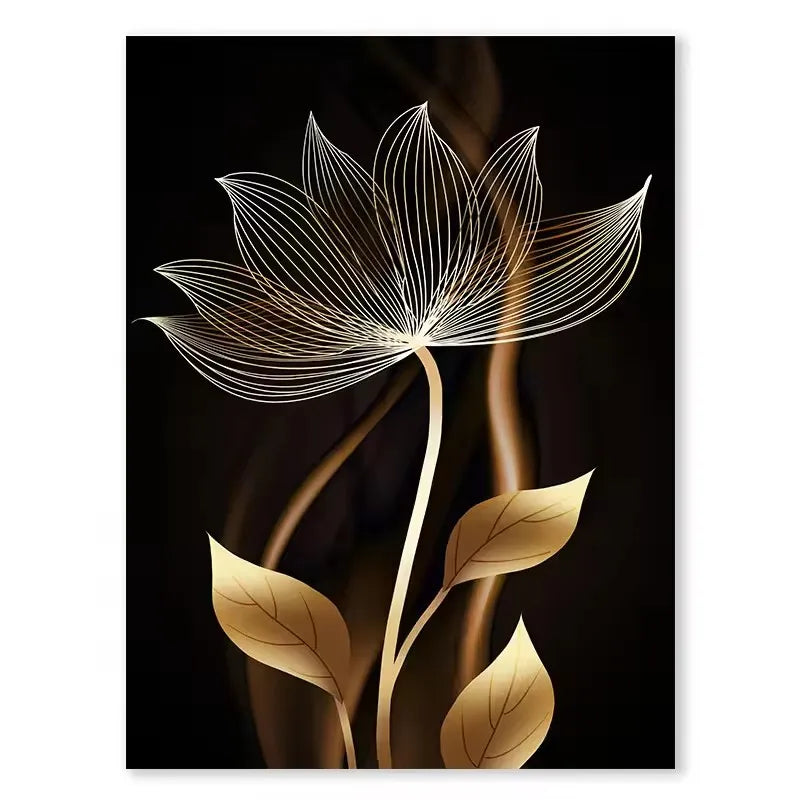 3pcs, Black and Golden Flower Wall Art Canvas Painting for Living Room Decor - Modern Abstract Design, No Frame Required 2DFlat