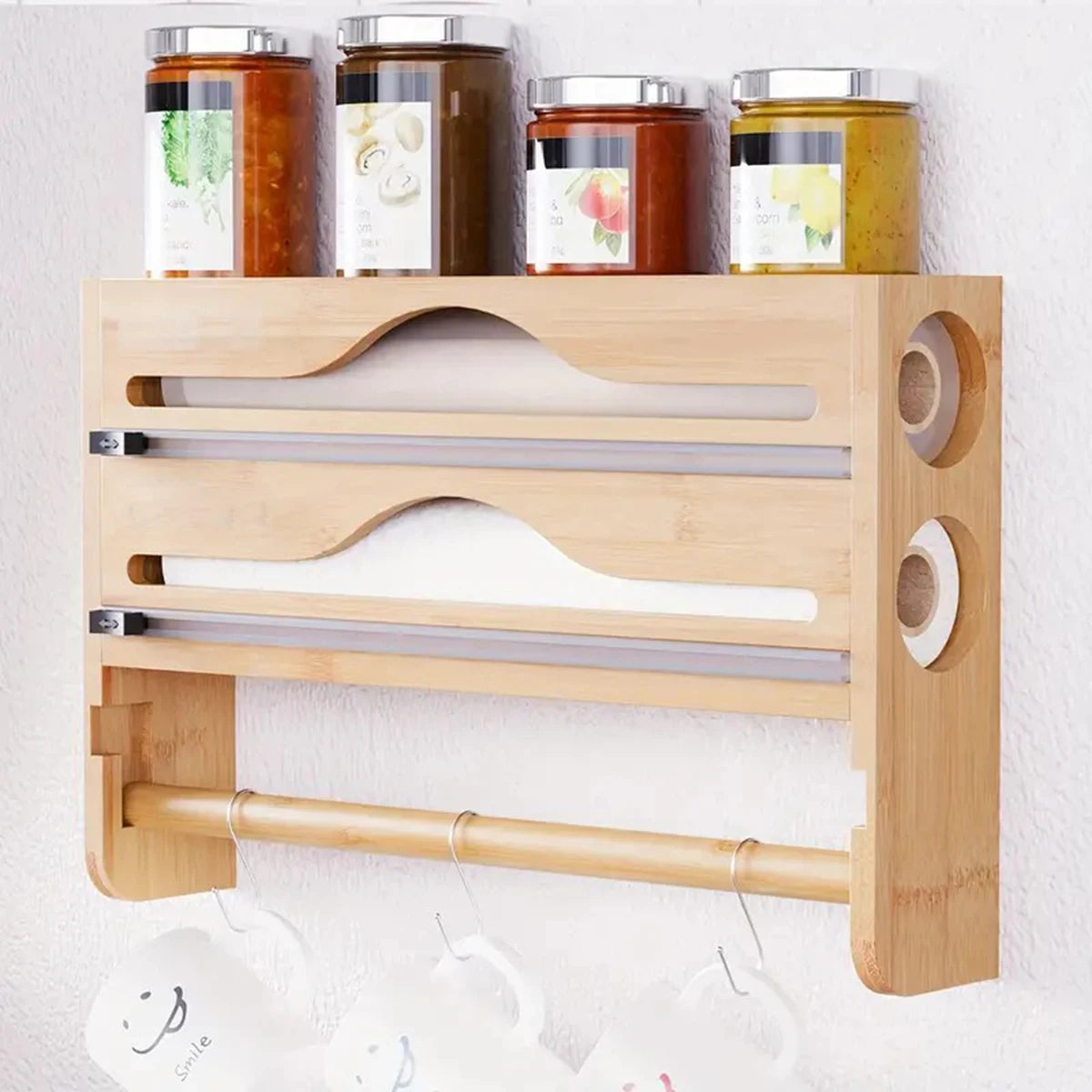 Bamboo Compartment Cling Film & Foil Cutter Box Organizer