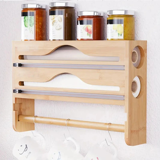Bamboo Compartment Cling Film & Foil Cutter Box Organizer