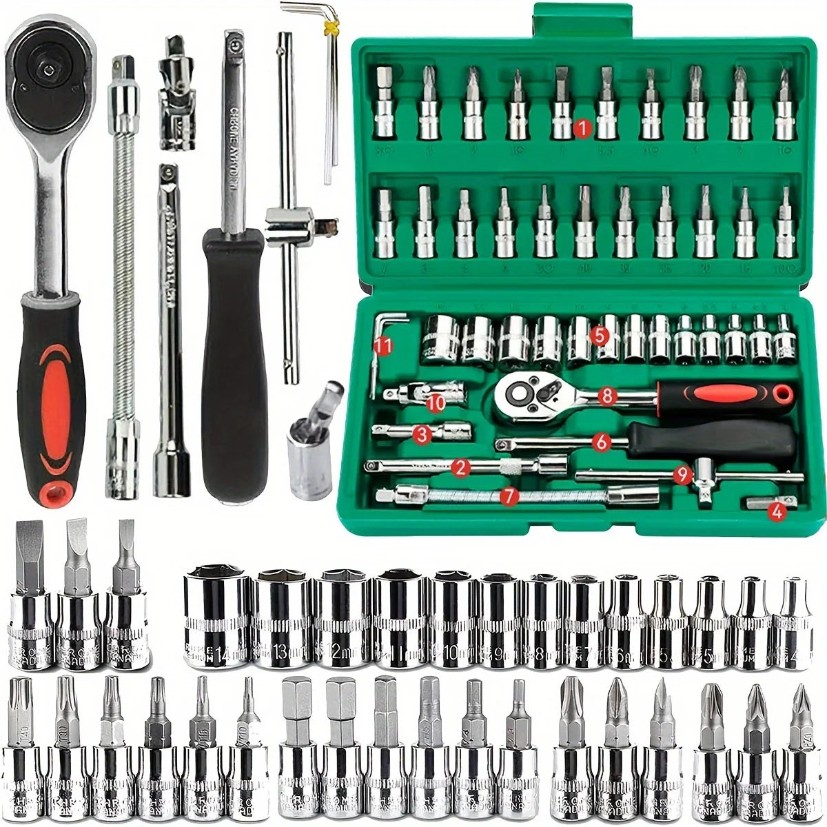 46-Piece Car Repair Tool Kit – Professional Ratchet Set in Green Toolbox