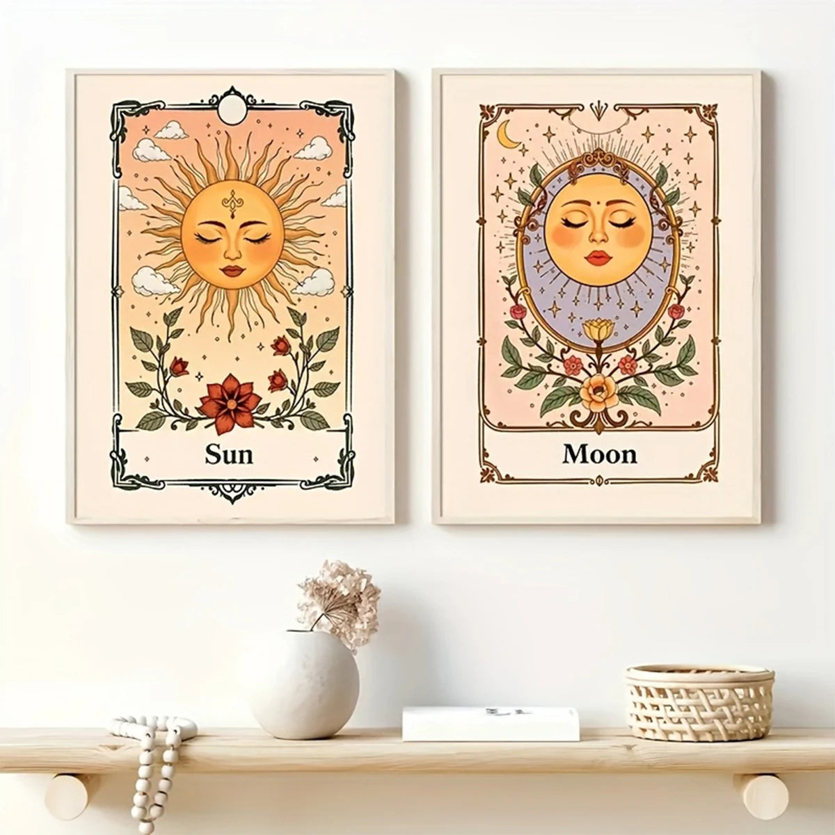 Sun, Moon & Floral Canvas Print – Bohemian Celestial Wall Art