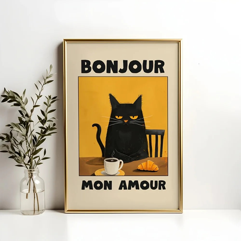 Black Cat "Bonjour" Retro Art Poster