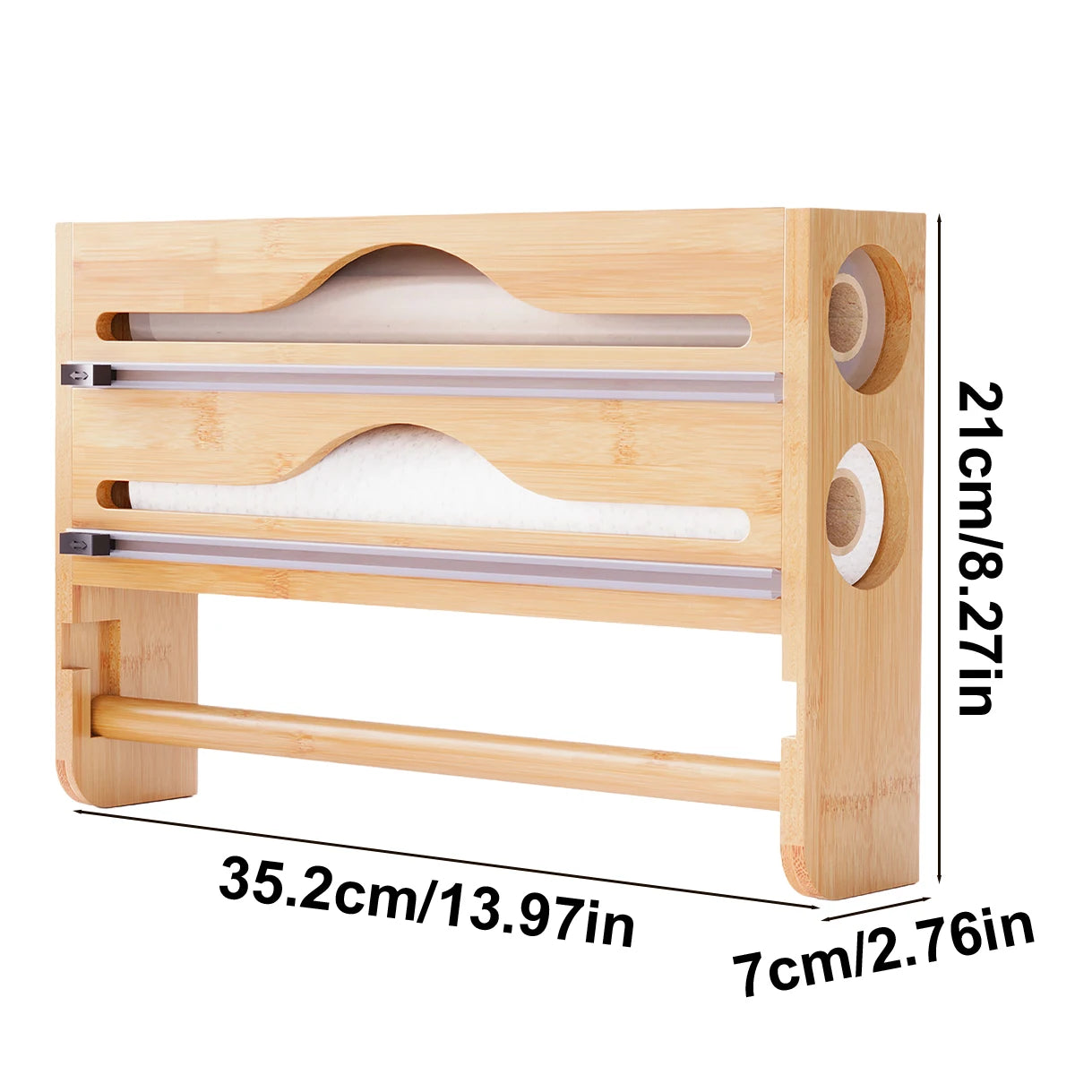 Bamboo Compartment Cling Film & Foil Cutter Box Organizer