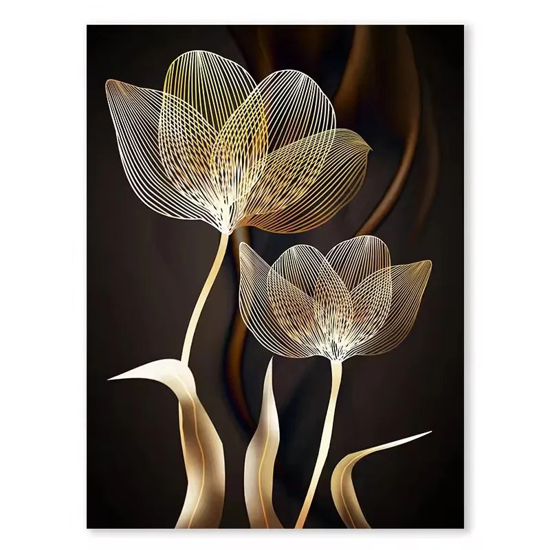 3pcs, Black and Golden Flower Wall Art Canvas Painting for Living Room Decor - Modern Abstract Design, No Frame Required 2DFlat