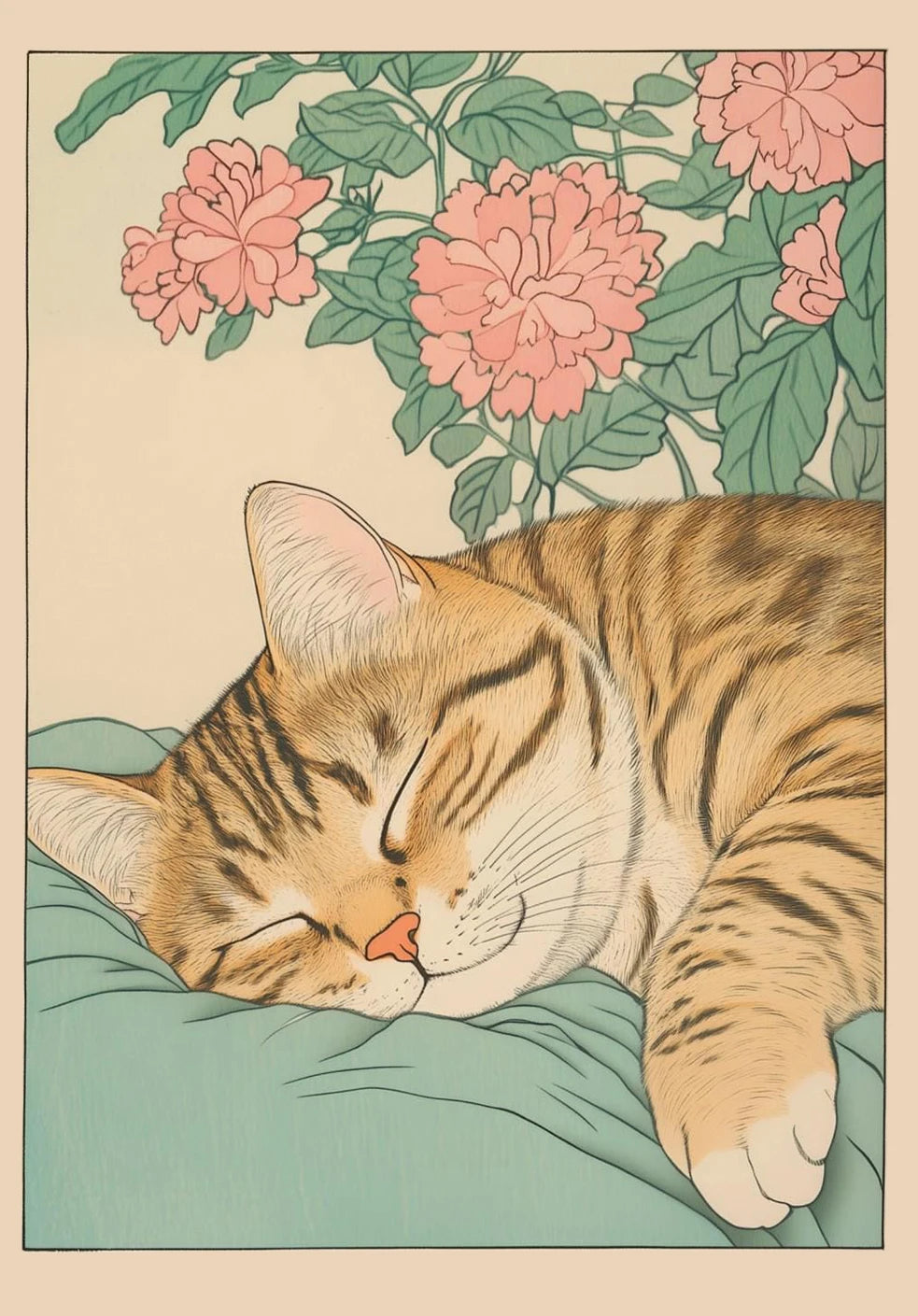 Japanese Tabby Cat in Bathtub Canvas Print – Japandi Bathroom Wall Art