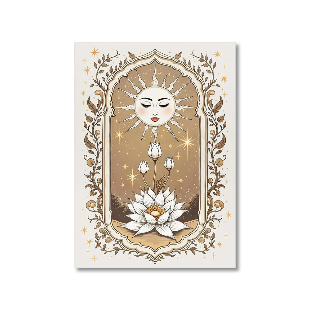 Sun, Moon & Floral Canvas Print – Bohemian Celestial Wall Art