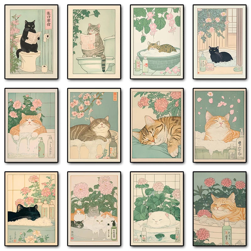 Japanese Tabby Cat in Bathtub Canvas Print – Japandi Bathroom Wall Art