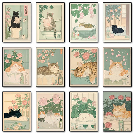Japanese Tabby Cat in Bathtub Canvas Print – Japandi Bathroom Wall Art