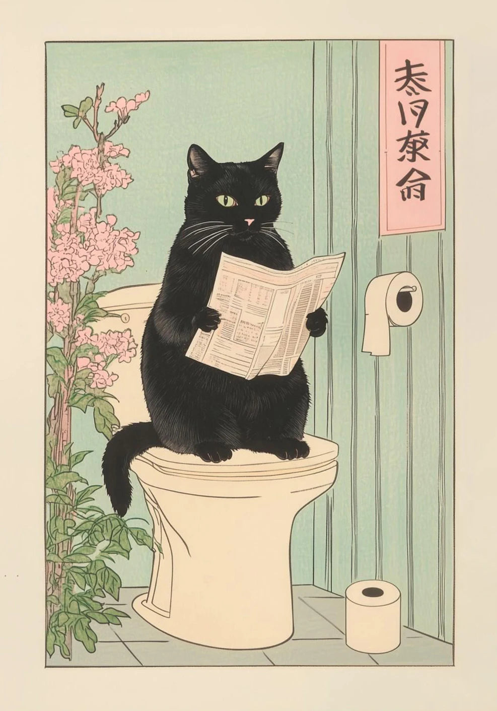 Japanese Tabby Cat in Bathtub Canvas Print – Japandi Bathroom Wall Art