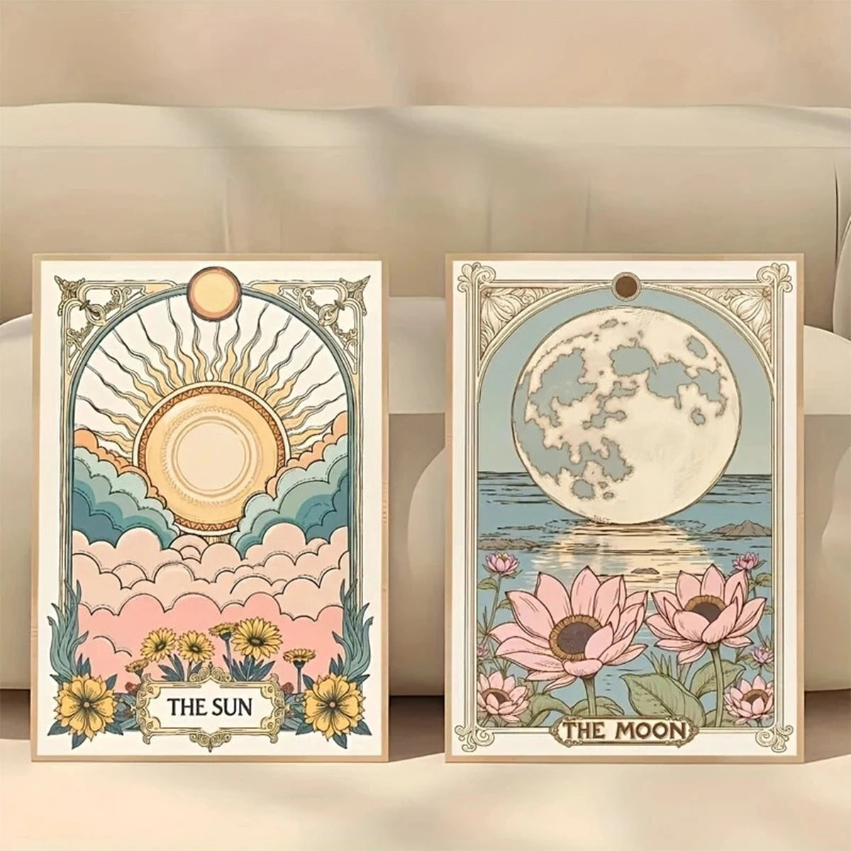 Sun, Moon & Floral Canvas Print – Bohemian Celestial Wall Art