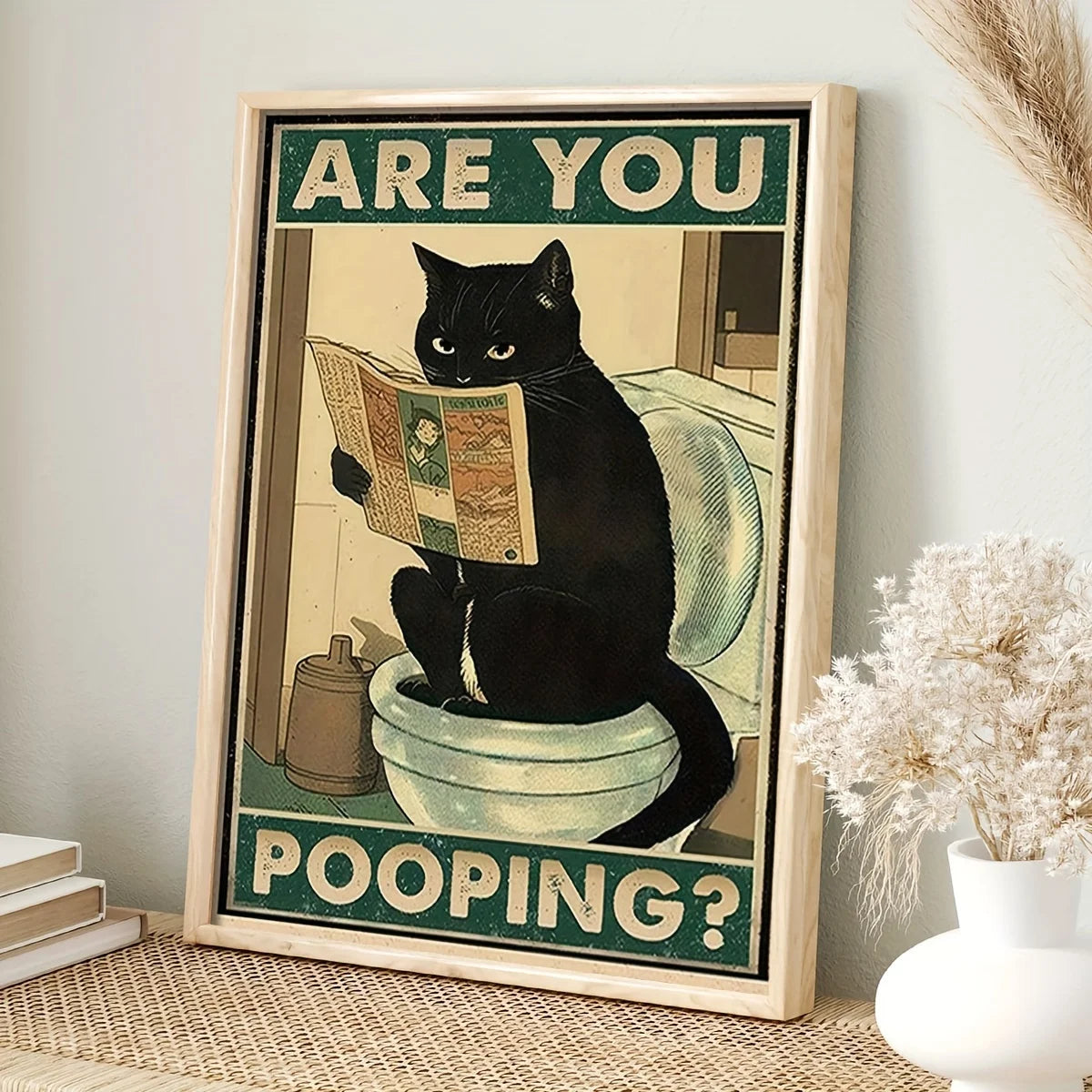 Funny Black Cat Toilet Poster – Retro Animal Canvas Wall Art