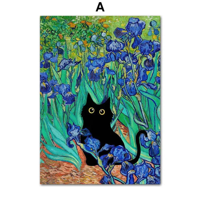 Funny Art Black Cat Canvas – Matisse, Monet, Van Gogh Parody Prints