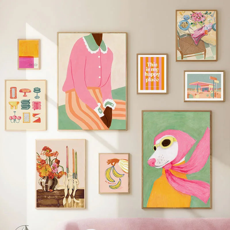 Fashion Girl Dog Vase Flower Banana Abstract Poster – Modern Canvas Wall Art