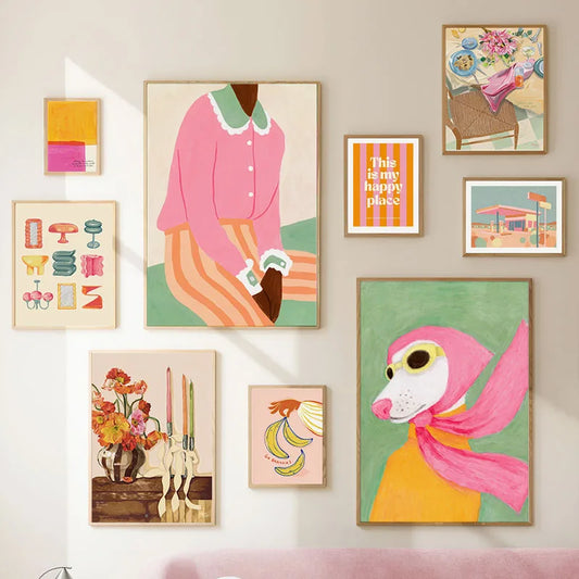 Fashion Girl Dog Vase Flower Banana Abstract Poster – Modern Canvas Wall Art