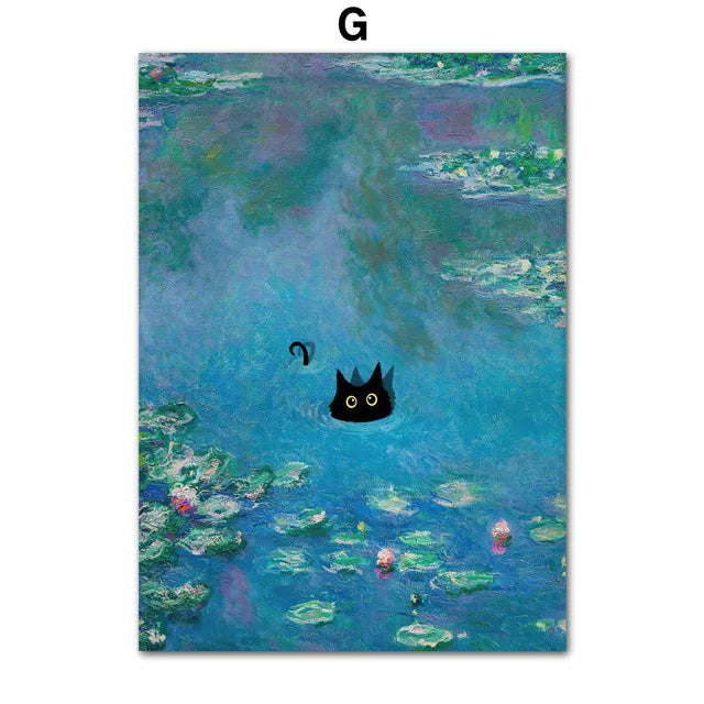 Funny Art Black Cat Canvas – Matisse, Monet, Van Gogh Parody Prints
