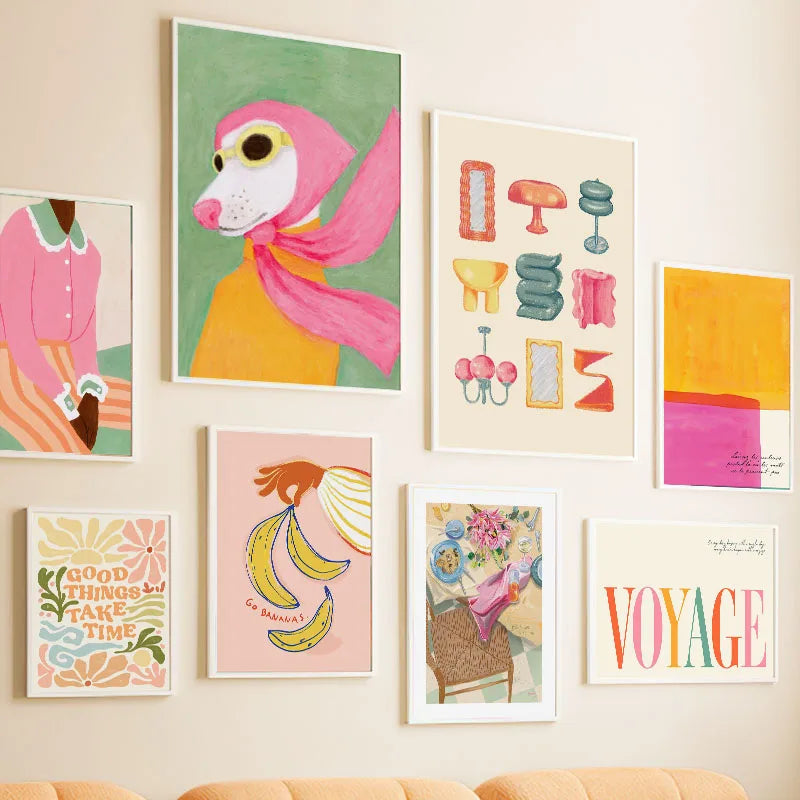 Fashion Girl Dog Vase Flower Banana Abstract Poster – Modern Canvas Wall Art