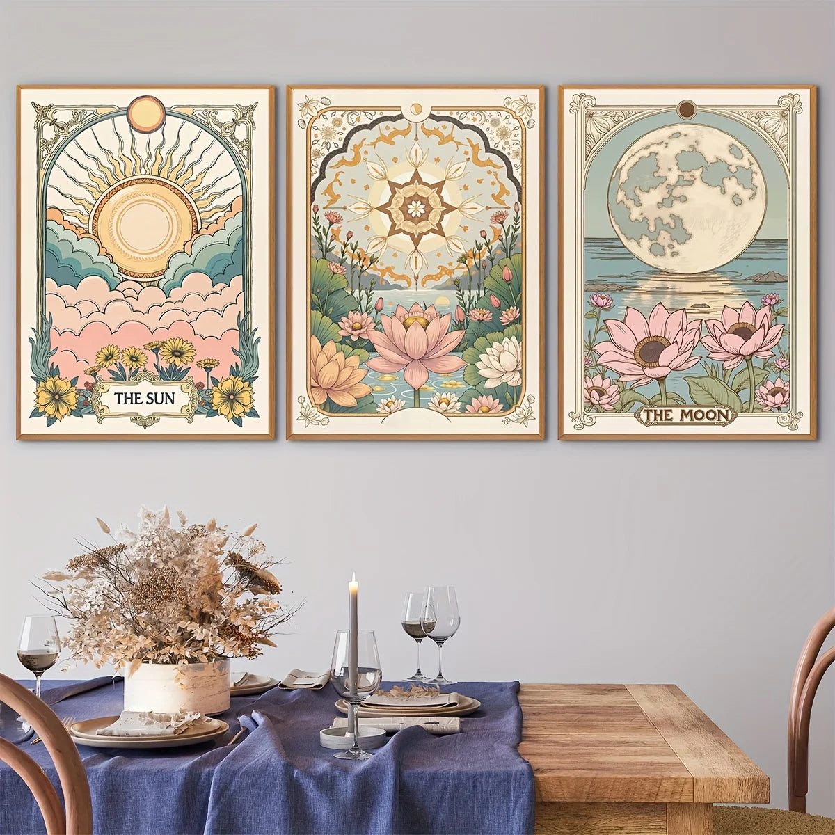 Sun, Moon & Floral Canvas Print – Bohemian Celestial Wall Art