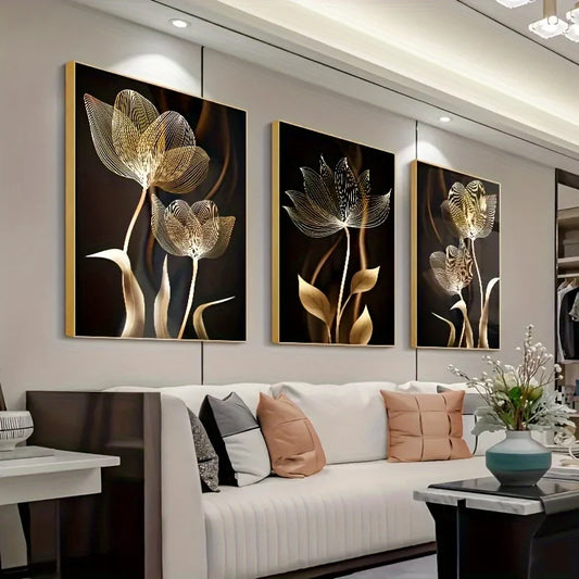 3pcs, Black and Golden Flower Wall Art Canvas Painting for Living Room Decor - Modern Abstract Design, No Frame Required 2DFlat