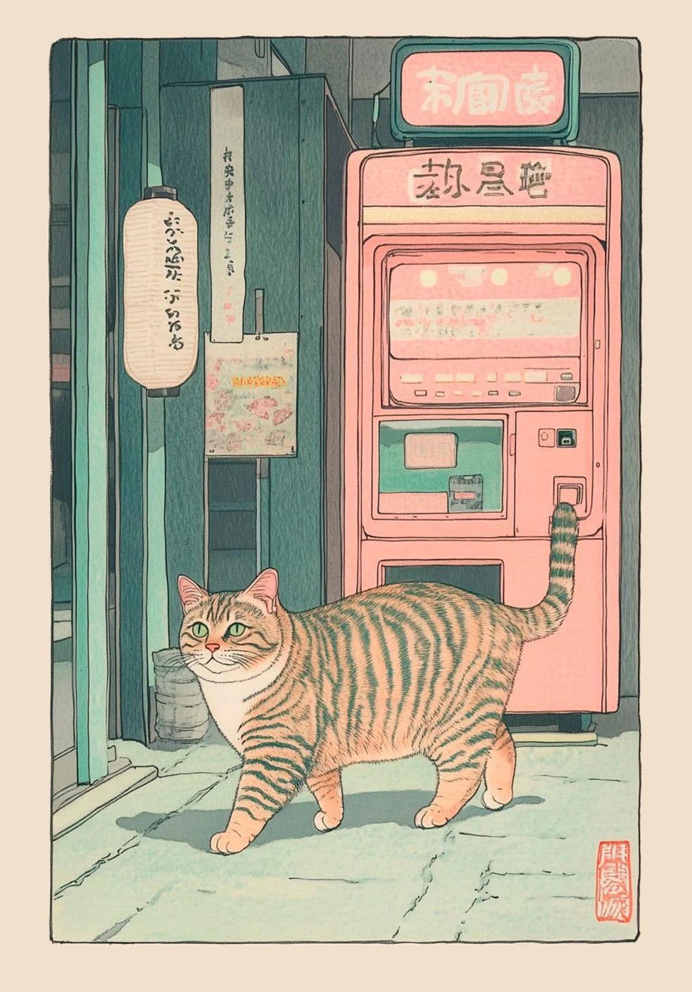 Japanese Tabby Cat in Bathtub Canvas Print – Japandi Bathroom Wall Art