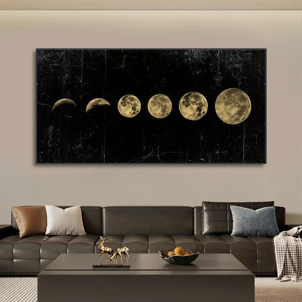 Moon Phase Gold & Black Aesthetic Canvas Print – Modern Wall Art