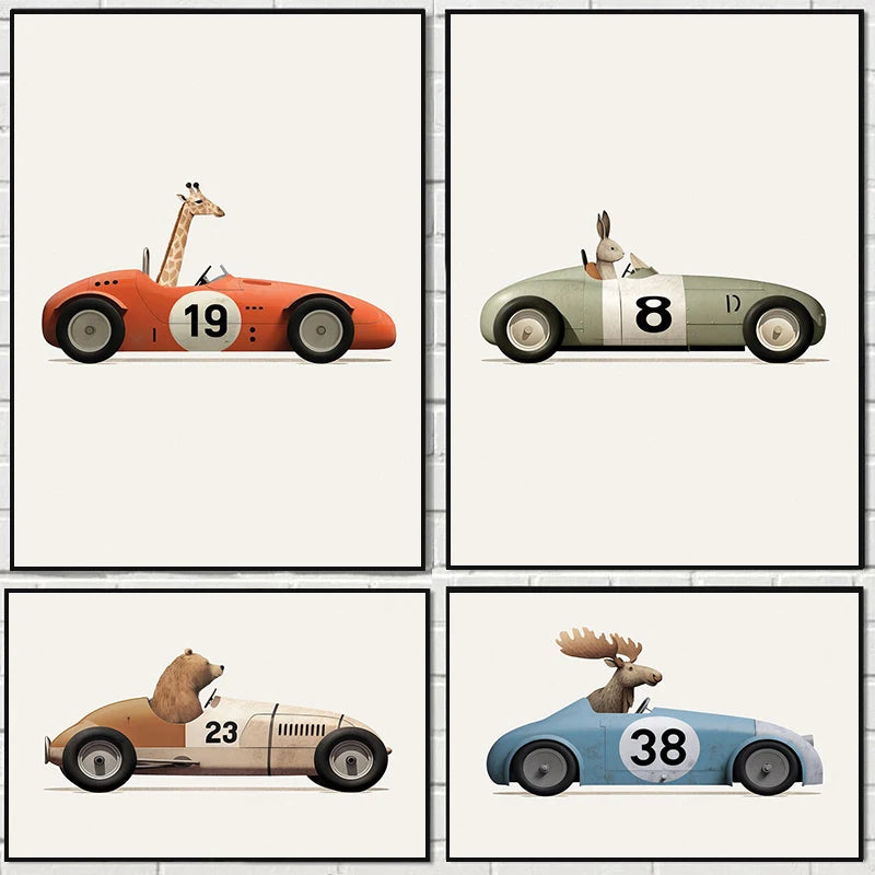 Funny Cartoon Animals Car Art Poster – Nursery Canvas Wall Print