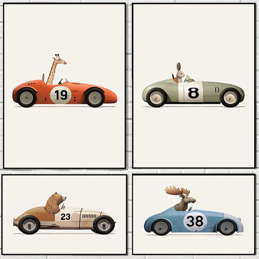 Funny Cartoon Animals Car Art Poster – Nursery Canvas Wall Print