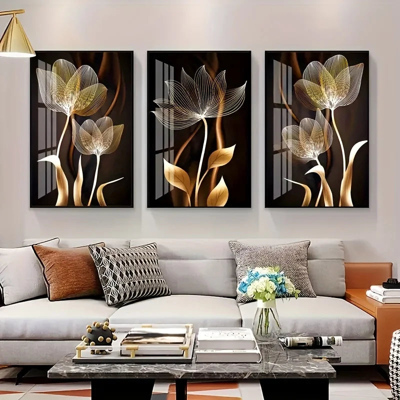 3pcs, Black and Golden Flower Wall Art Canvas Painting for Living Room Decor - Modern Abstract Design, No Frame Required 2DFlat