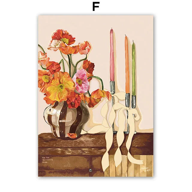 Fashion Girl Dog Vase Flower Banana Abstract Poster – Modern Canvas Wall Art