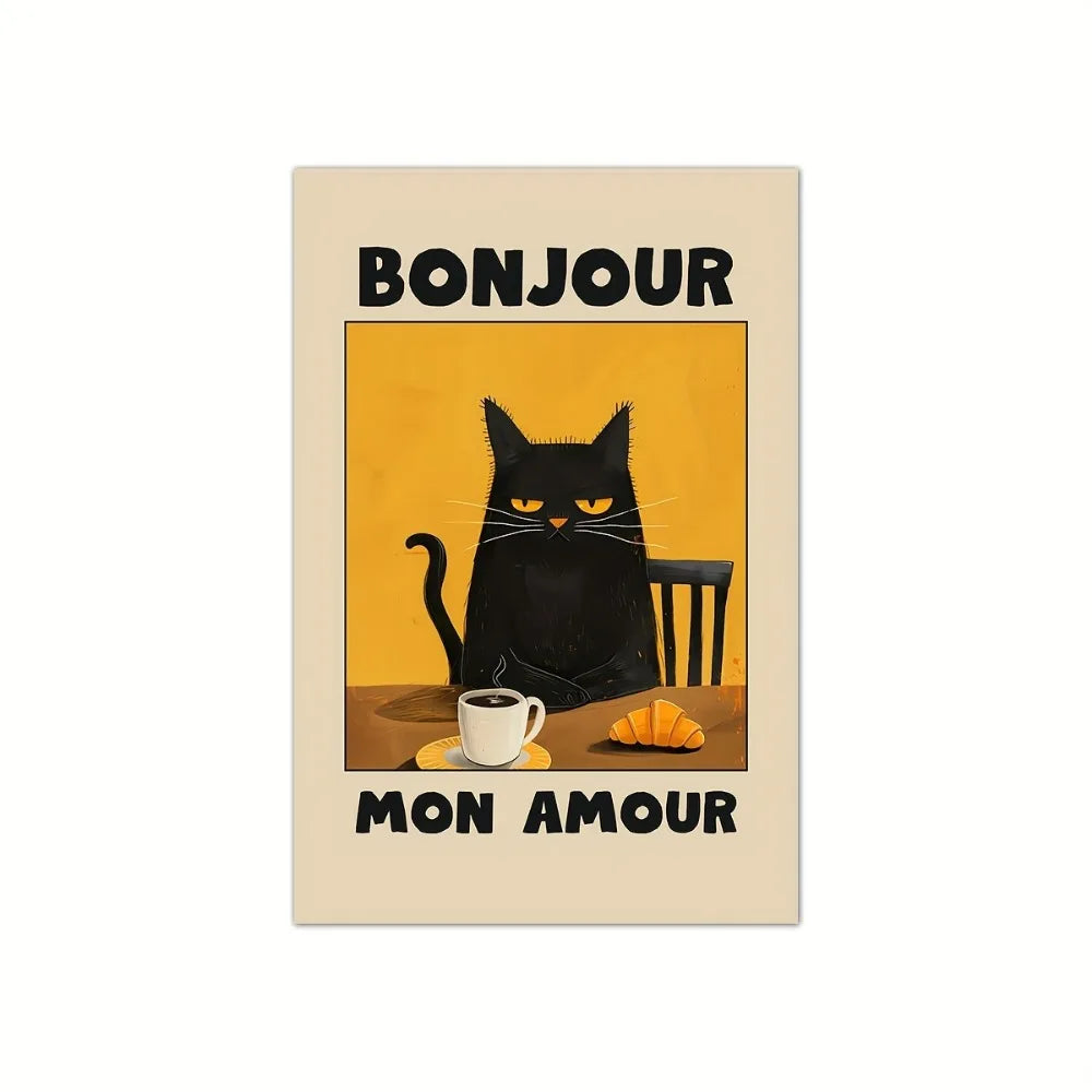 Black Cat "Bonjour" Retro Art Poster